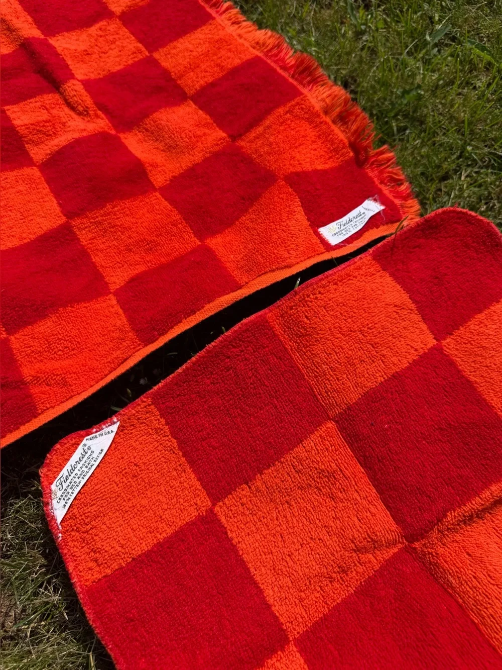 Vintage MCM Fieldcrest CHECKERBOARD Hand Towel Red Orange Cotton Washcloth 2 pc